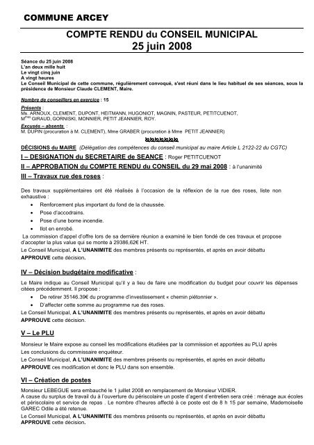 COMPTE RENDU du CONSEIL MUNICIPAL 25 juin 2008 - Arcey