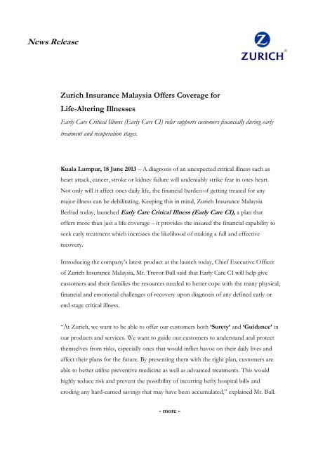 Zurich Insurance Malaysia Offers Coverage for Life-Altering Illnesses