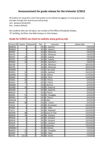 Announcement for grade release for the trimester 2/2012