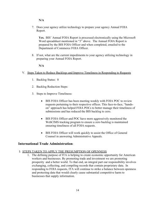 Chief FOIA Officer Report for (bureau) - Department of Commerce