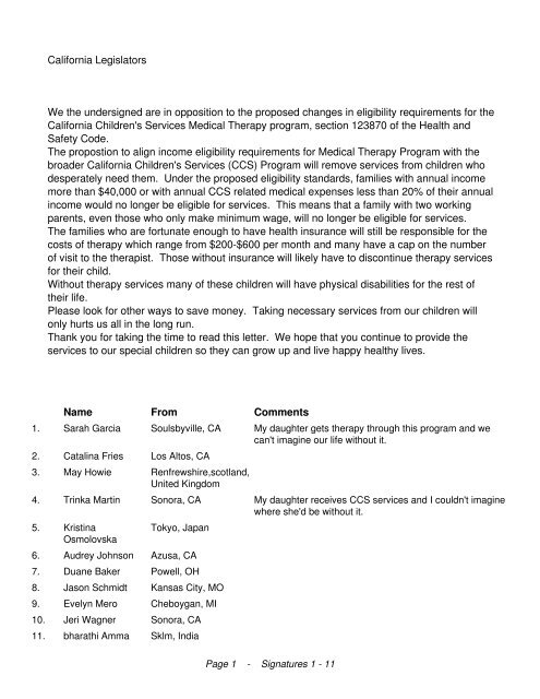 California Legislators We the undersigned are in opposition to the ...