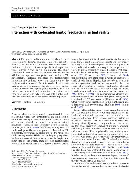 Interaction with co-located haptic feedback in virtual reality