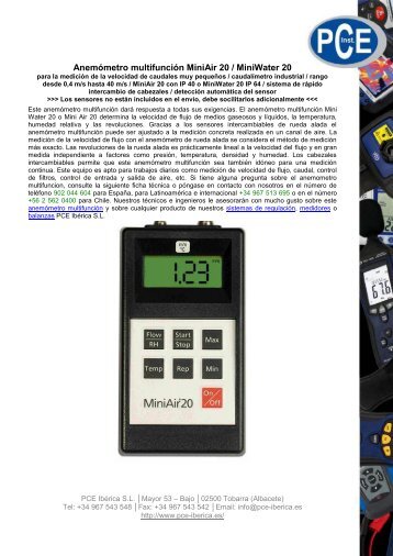 Hoja de datos del anemometro multifuncion - PCE Ibérica
