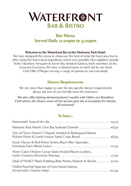 Bar Menu Served Daily 12.00pm to 9.00pm - Mulranny Park Hotel