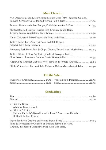 Bar Menu Served Daily 12.00pm to 9.00pm - Mulranny Park Hotel