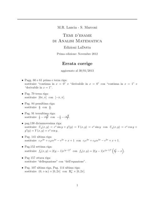 Temi d'esame di Analisi Matematica Errata corrige - Sezione di ...