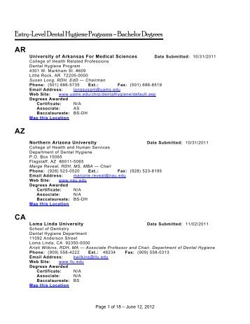 Entry-Level Dental Hygiene Programs Ã¢Â€Â“ Bachelor Degrees AR AZ CA