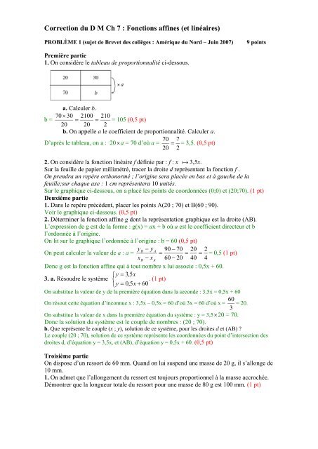 Correction du D M Ch 7 : Fonctions affines (et ... - CollÃ¨ge du Sartay