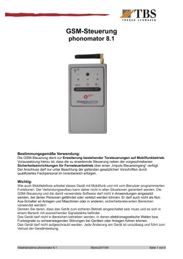 GSM-Steuerung phonomator 8.1 - Torbau Schwaben GmbH