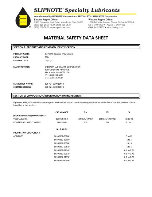 View MSDS Sheet - specialty lubricants corp.