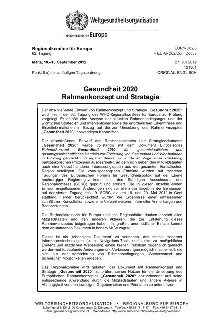 Gesundheit 2020 Rahmenkonzept und Strategie