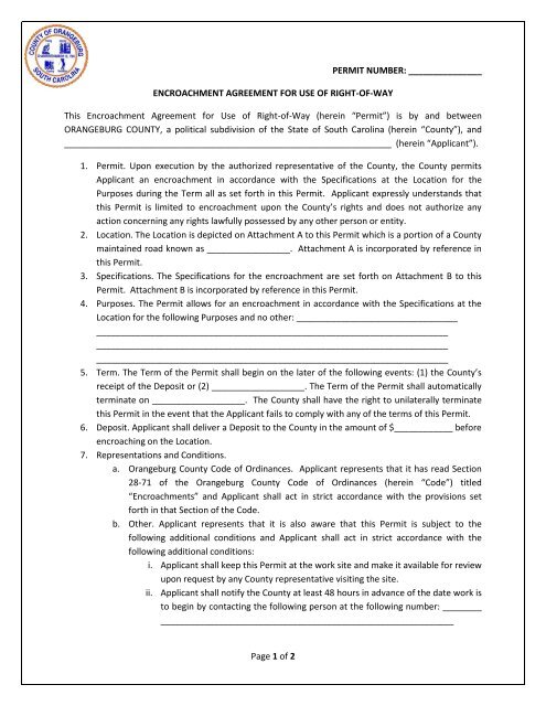 Page 1 of 2 PERMIT NUMBER: ENCROACHMENT AGREEMENT ...