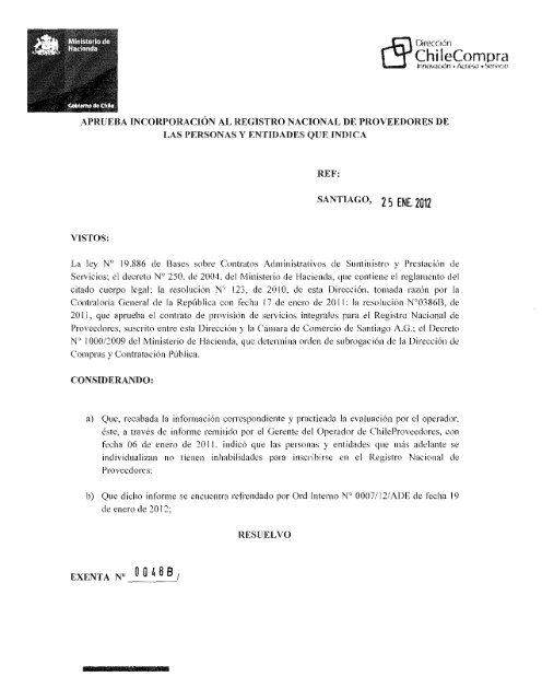 Resolucia N Proveedores Inscritos Diciembre 2011 Chileproveedores