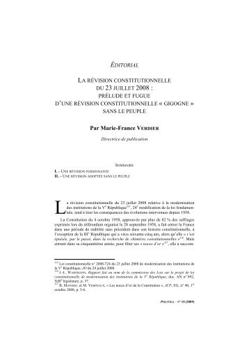 Marie-France VERDIER, Éditorial - Politeia, la revue de l'AFAAIDC