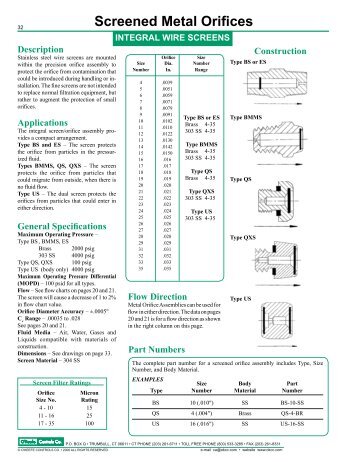 Screened Orifices - O'Keefe Controls Inc