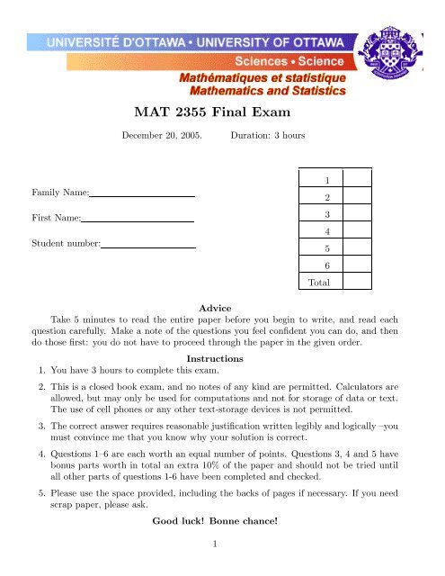 MAT 2355 Final Exam - Université d'Ottawa