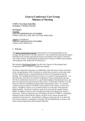Geneva Conference Core Group Minutes of Meeting - Unrwa