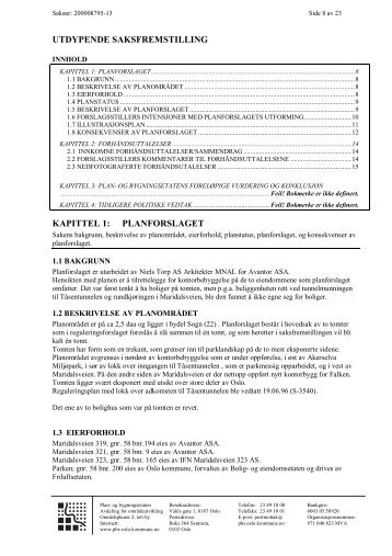 UTDYPENDE SAKSFREMSTILLING KAPITTEL 1: PLANFORSLAGET