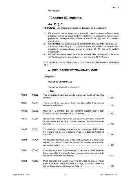 "Chapitre IX. Implants. - Association Belge des Syndicats MÃ©dicaux
