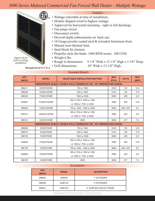 4400 Series Low Profile Commercial Fan Forced Wall Heater