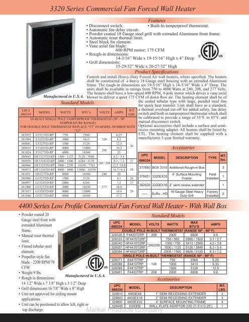 4400 Series Low Profile Commercial Fan Forced Wall Heater