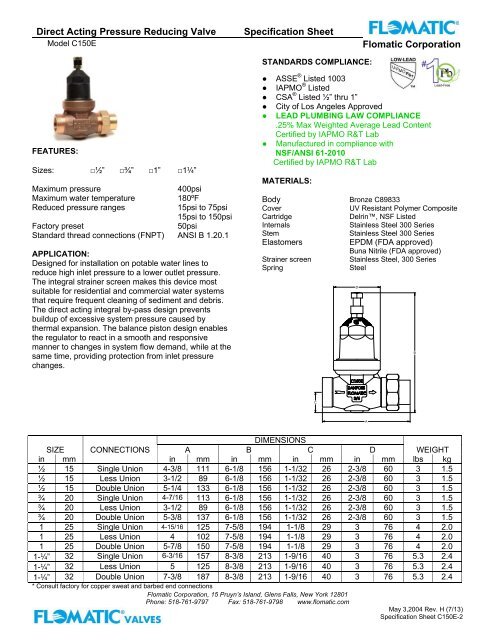 Direct Acting Pressure Reducing Valve Specification Sheet Flomatic ...