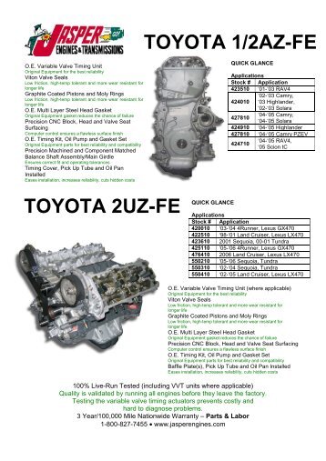 Import Spec Sheets - JASPER Engines & Transmissions