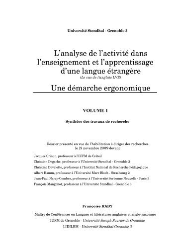 L'analyse de l'activitÃ© dans l'enseignement et l'apprentissage d'une ...