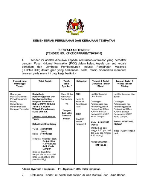 TENDER NO. KPKT/CPPP/UB/T/20/2010