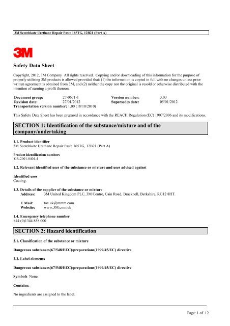 3M Scotchkote Urethane Repair Paste 165TG MSDS.pdf - Promain