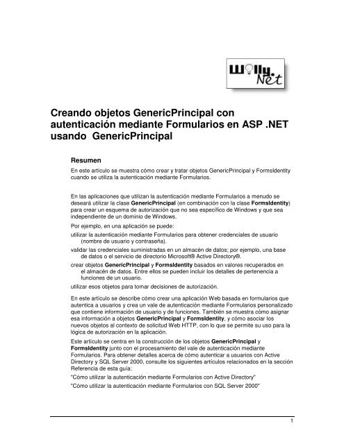 Creando objetos GenericPrincipal con autenticaciÃƒÂ³n ... - Willy .Net