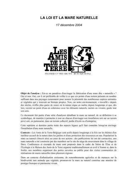 La Loi Et La Mare Naturelle Les Amis De La Terre Belgique