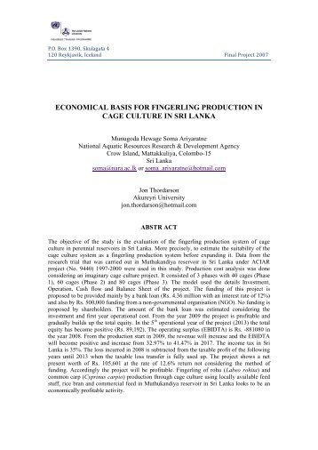 Economical basis for fingerling production in cage culture in Sri Lanka