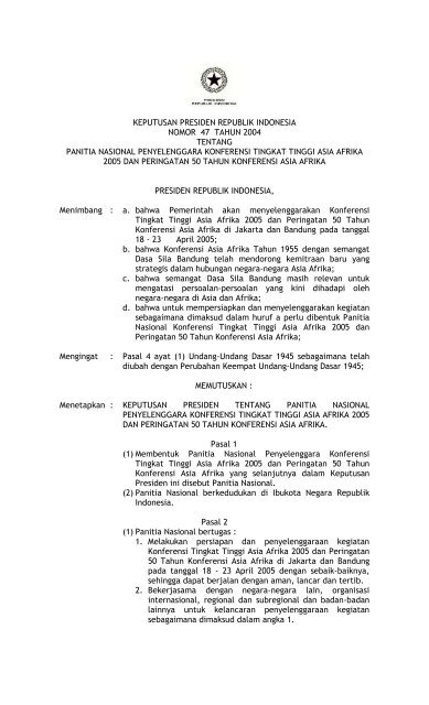 keputusan presiden republik indonesia nomor 47 tahun 2004 ...