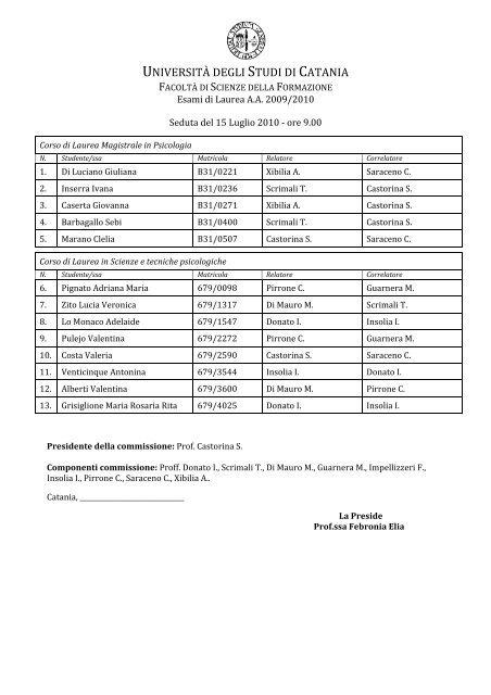 Calendario Lauree Luglio 2010 - Scienze della Formazione