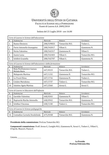 Calendario Lauree Luglio 2010 - Scienze della Formazione