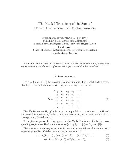 The Hankel Transform of the Sum of Consecutive Generalized ...