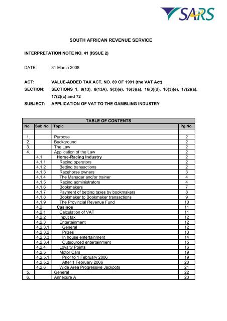 Application VAT Gambling Industry - Sars
