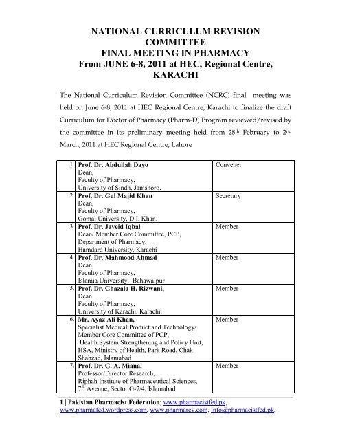 Download Pharmacy Curriculum Draft (NCRC); 2011