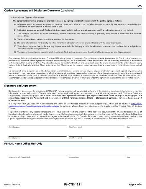 Option Agreement and Approval - LPL Financial