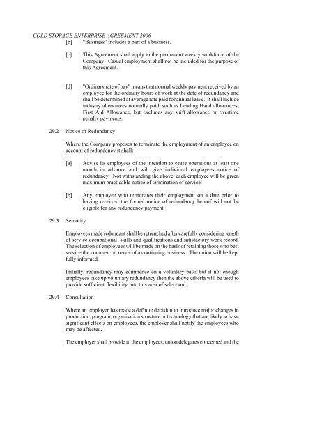 cold storage enterprise agreement - 2006 - Fair Work Commission