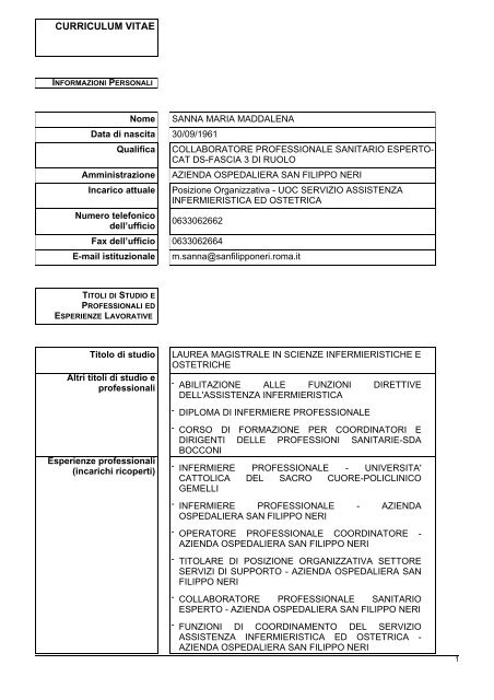 curriculum vitae - Azienda Complesso Ospedaliero San Filippo Neri