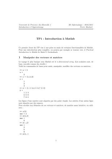 TP1 : Introduction `a Matlab