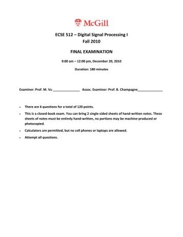 Final Exam 2010 - ECSE 512 â Digital Signal Processing 1 - McGill ...