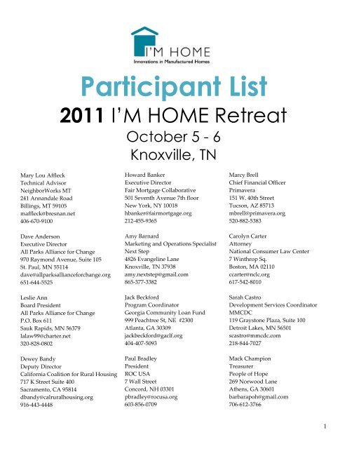 2011 I'M HOME Retreat Participant List - CFED