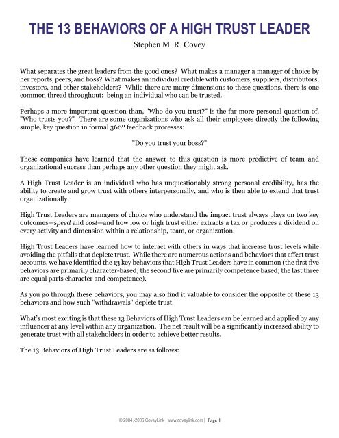 13 Behaviors Of High Trust Pdf THE 13 BEHAVIORS OF A HIGH TRUST LEADER