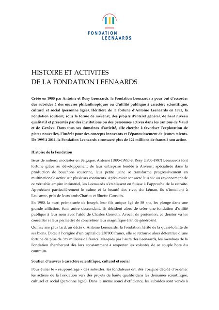 Histoire et activitÃ©s de la Fondation Leenaards