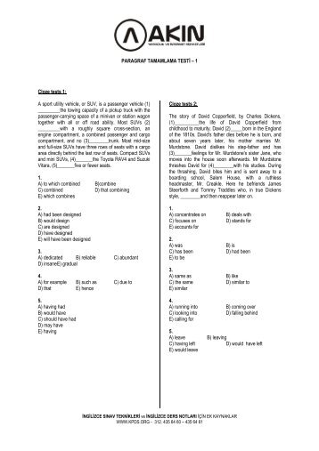 PARAGRAF TAMAMLAMA TESTİ – 1 Cloze tests 1; A ... - KPDS.org