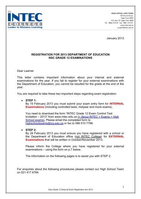 Grade 12 External Exam Registration - INTEC College