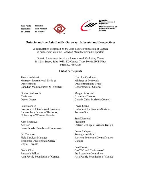 Asia Pacific Gateway Toronto Convening Participant List